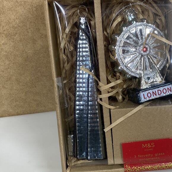 M&S London Christmas Glass Ornaments Set Of 3 The Shard Gherkin London Eye - New - Picture 3 of 7